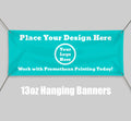 Teal hanging banner with customizable text and placeholder for logo on a gray background